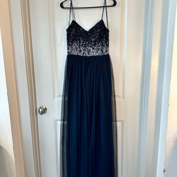 Adrianna Papell Navy Sequin Top Flowy Tulle Full Skirt Maxi Gown/ Dress, Size 4 - Picture 12 of 12